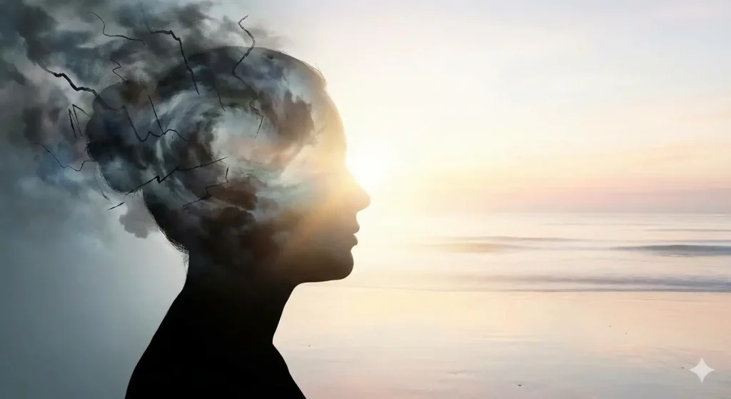Person in silhouette reflecting during emotional healing and self-awareness